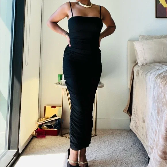 black bodycon dress with puff sleeves Black High Neck Long Sleeve Ruched Bodycon Mesh Midi Dress – AX Paris